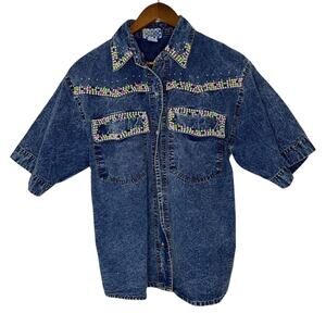 Pretty Bleu Vintage Denim Shirt Western Pearl Beaded Short Sleeve M Y2K 90s